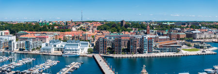 View of the Helsinborg city centre and the port of Helsingborg in Sweden.の写真素材