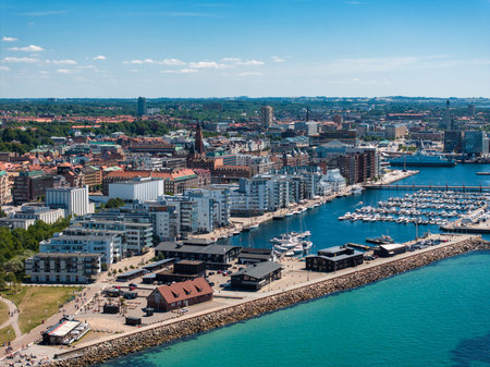 View of the Helsinborg city centre and the port of Helsingborg in Sweden.の素材 [FY310209095425]