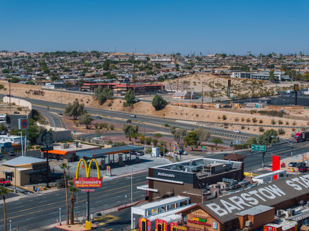 Barstow Cityscape. Bustling Urban Life on Iconic Route 66 with Commercial and Residential Buildingsの写真素材