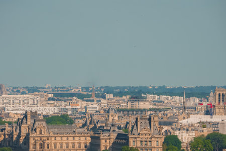Paris skyline with historic buildings and architecture, taken from a high viewpoint at noon.の写真素材