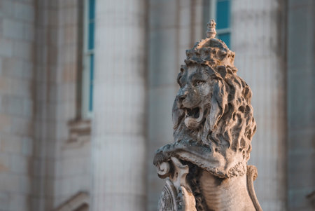Lion Statue at Buckingham Palace. Iconic Symbol of London. Animal sculpture at famous kingdom.の写真素材