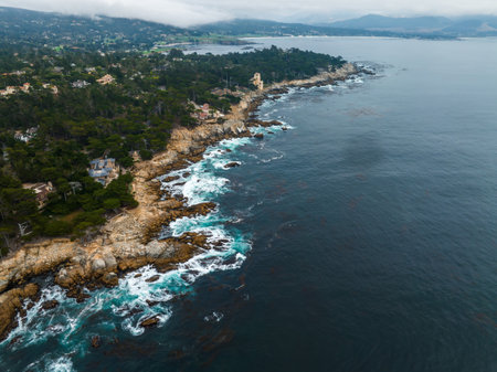 17 mile drive nature. Beautiful aerial view of the Pacific ocean coastline in California, USA.の写真素材