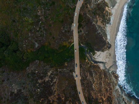 Bixby bridge aerial view in California, USA. Beautiful bridge near the Pacific ocean.