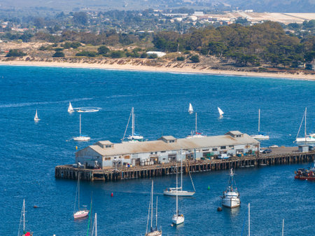 Beautiful aerial view of the Monterey town in California with many yachts docked by the pier.の写真素材