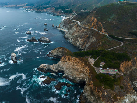Bixby bridge aerial view in California, USA. Beautiful bridge near the Pacific ocean.の写真素材