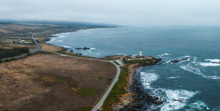 Pigeon point lighthouse. Aerial view of the lighthouse on top of the Cliff in California, USA.の写真素材