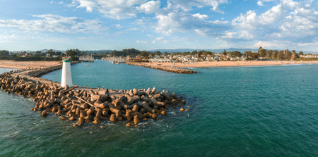 Aerial view of the Capitola beach town lighthouse in California, USA.の写真素材