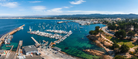 Beautiful aerial view of the Monterey town in California with many yachts docked by the pier.の写真素材