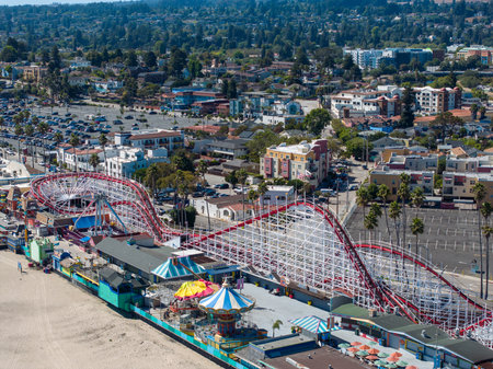 Aerial view of the amusement park in Santa Cruz beach town in California, USA.の写真素材