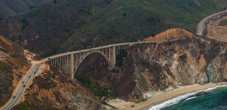 Bixby bridge aerial view in California, USA. Beautiful bridge near the Pacific ocean.の写真素材