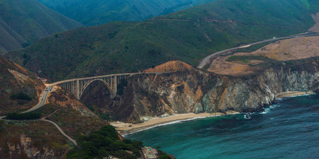 Bixby bridge aerial view in California, USA. Beautiful bridge near the Pacific ocean.の写真素材