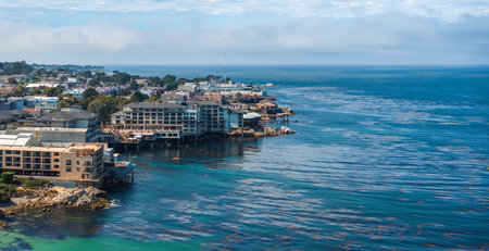 Beautiful aerial view of the Monterey town in California with many yachts docked by the pier.の写真素材