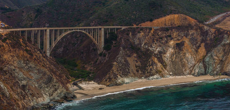 Bixby bridge aerial view in California, USA. Beautiful bridge near the Pacific ocean.の写真素材