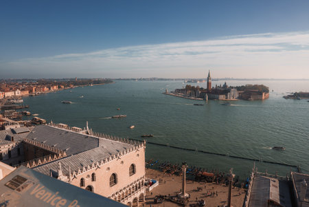 Tranquil Venice cityscape with serene waterways and buildings, no boats or landmarks visible.の写真素材