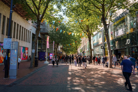 Vibrant Birmingham, UK A Bustling Zone with Shops and Art for Pedestrians