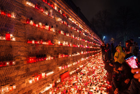 Bright, Glowing Red Candles Honor Latvias Independence Day Eventの写真素材