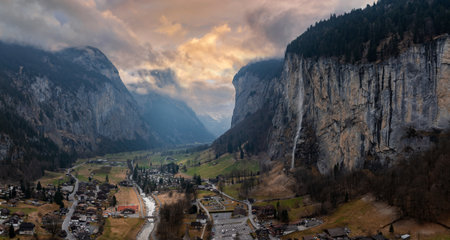 Beautiful aerial view of the Staubbach Falls in Switzerland.