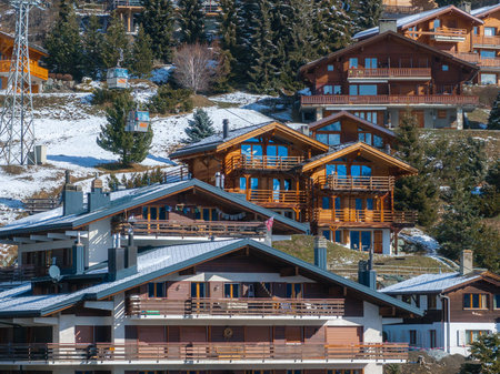 Aerial panoramic view of the Verbier ski resort town in Switzerland.