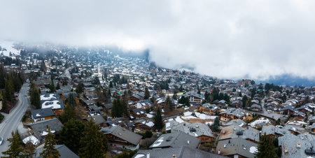 Aerial panoramic view of the Verbier ski resort town in Switzerland.