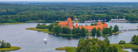 Aerial view of Trakai, over medieval gothic Island castle in Galve lake.