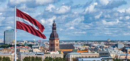 Panorama of Riga city with a big Latvian flag in foreground
