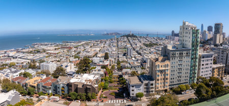 Panoramic view of aerial Lombard Street, an east west street in San Francisco, California.