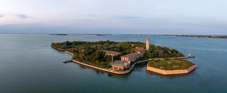 Aerial view of the plagued ghost island of Poveglia in the Venetian lagoonの写真素材