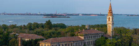 Aerial view of the plagued ghost island of Poveglia in the Venetian lagoon