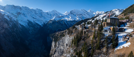 Aerial panoramic view of the Murren village in Switzerland.