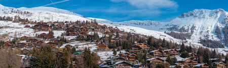 Aerial panoramic view of the Verbier ski resort town in Switzerland.