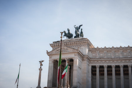 Neoclassical monument Altare della Patria with Italian flags, Rome.の写真素材