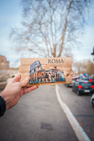 Rome Italy Colosseum Postcard with Wooden Texture Backgroundの写真素材
