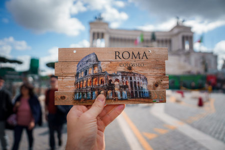 Hand holding Colosseum postcard on busy Rome street.