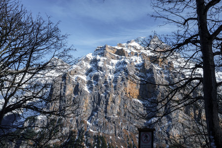 Majestic Alpine Mountain Peak, Murren, Switzerlandの写真素材