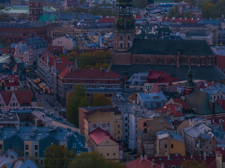 Close up aerial view of the old town of Riga at dusk.