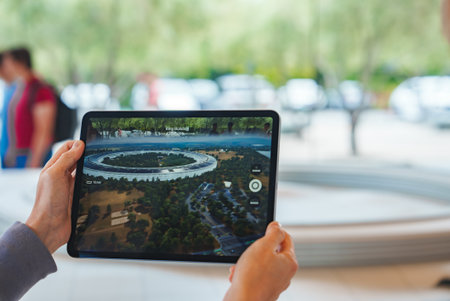 Person holding tablet displaying Apple Park from Cupertino.