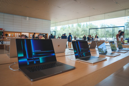 Apple Store interior, MacBook Pro laptops on display, Mountain View, California.