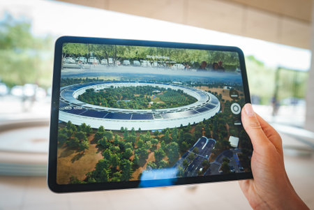 Apple Park headquarters on tablet screen, person in store.