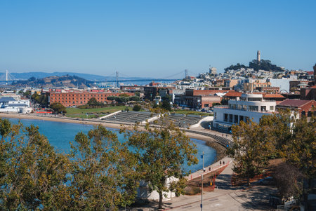 San Francisco waterfront park with cityscape and Coit Tower