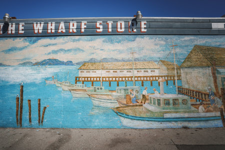 Vintage Maritime Mural of Passenger Ferry at San Francisco Wharfの写真素材