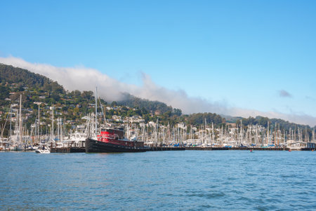 Serene maritime scene with red ship and sailboats in marina, misty hill in background.の写真素材