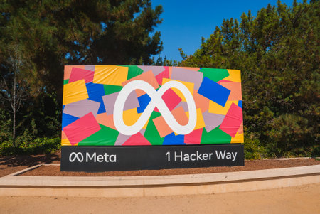 Meta Headquarters Sign in Landscaped Setting, 1 Hacker Way