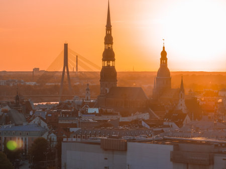 Aerial panoramic sunset over Riga old town in Latvia.の写真素材