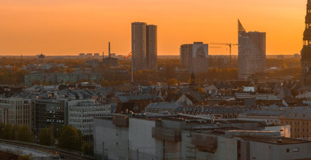 Aerial panoramic sunset over Riga old town in Latvia.の写真素材