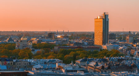 Aerial panoramic sunset over Riga old town in Latvia.の写真素材