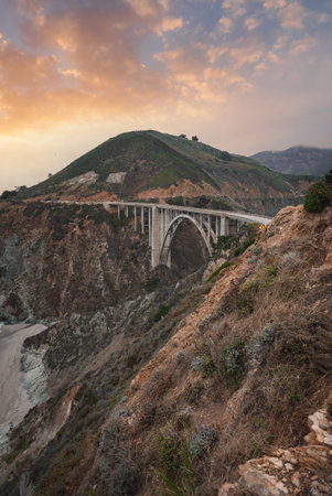 Historic Bixby Creek Bridge at California Coast Sunriseの写真素材