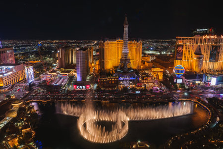 Vibrant Night Scene, Las Vegas Strip Bellagio Fountains and City Lights