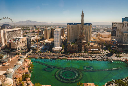 Las Vegas Strip Aerial View, Bellagio Fountains and Casinos, Daytime Cityscape