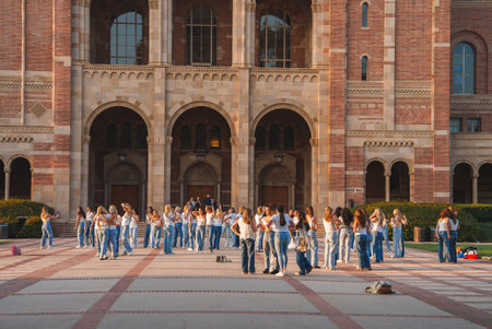 Historical Building Gathering, Denim and White, Group Activity, Outdoors