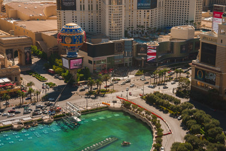 Aerial view of vibrant Las Vegas Strip with iconic landmarks and bustling city scene.の写真素材